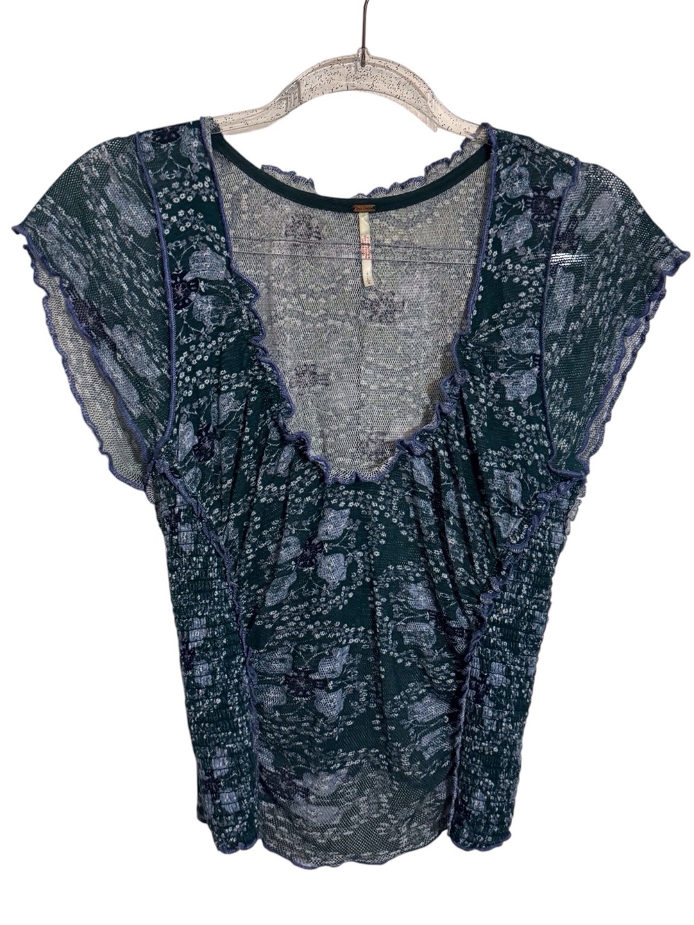 Free People Large Green Floral Oh My Baby Tee Boho Blouse Cotton Mesh Scoop Neck